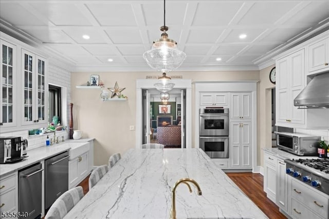 1330 Great Rd, Montgomery Twp, NJ 08540 - kitchen with stainless steel appliances, glass insert cabinets, under cabinet range hood, dark wood-style floors, and light stone countertops