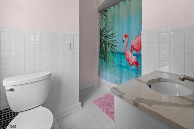 1330 Great Rd, Montgomery Twp, NJ 08540 - full bathroom featuring tile walls, toilet, vanity, tile patterned floors, and curtained shower