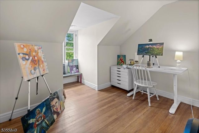 1330 Great Rd, Montgomery Twp, NJ 08540 - office area featuring vaulted ceiling, wood finished floors, and baseboards