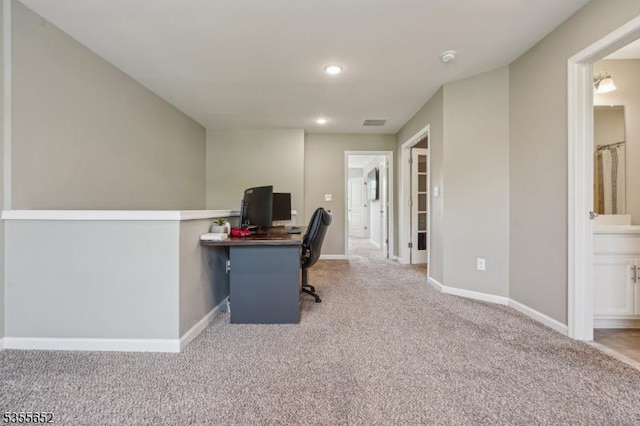 carpeted home office with baseboards, visible vents, and recessed lighting