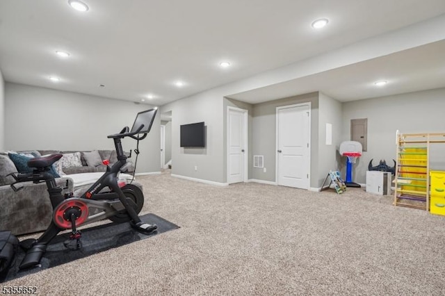 workout area with electric panel, carpet flooring, baseboards, and recessed lighting