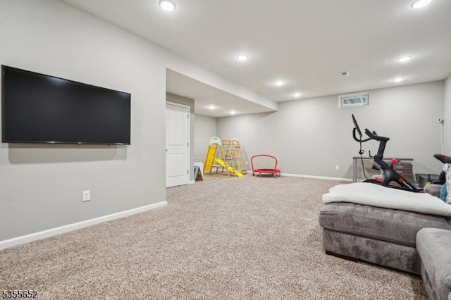 interior space featuring baseboards, recessed lighting, and carpet floors