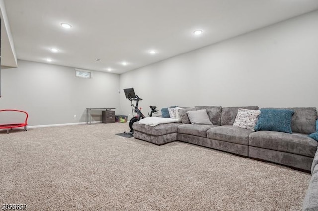 living area with carpet flooring, baseboards, and recessed lighting
