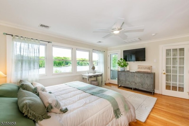 40 Hemlock Ave, Andover Twp, NJ 07860 - bedroom with ornamental molding, wood finished floors, a ceiling fan, and access to outside