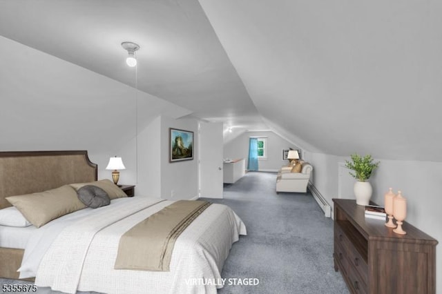 carpeted bedroom with lofted ceiling and baseboard heating