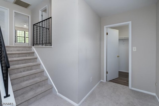 stairs featuring carpet floors and baseboards