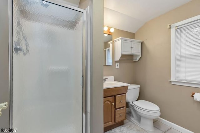130 Coriell Ave, Fanwood Boro, NJ 07023 - full bath featuring a shower stall, vanity, toilet, lofted ceiling, and tile patterned floors