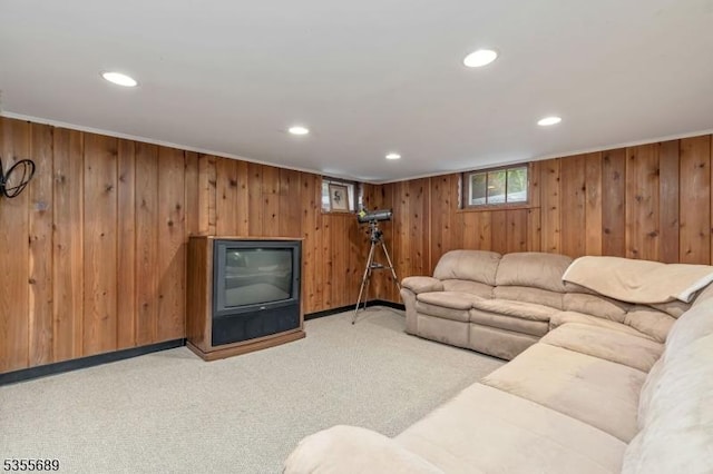 130 Coriell Ave, Fanwood Boro, NJ 07023 - living area featuring recessed lighting, light colored carpet, and wood walls