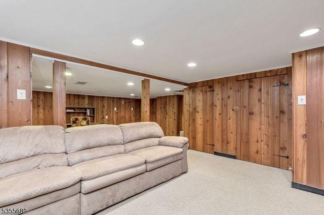130 Coriell Ave, Fanwood Boro, NJ 07023 - living area featuring light colored carpet, wood walls, and recessed lighting