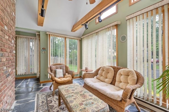 130 Coriell Ave, Fanwood Boro, NJ 07023 - sunroom featuring brick wall, stone tile floors, beam ceiling, and high vaulted ceiling
