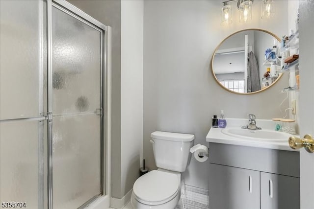 81 Village Dr Unit 81, Morris Twp, NJ 07960 - bathroom with vanity, toilet, baseboards, and a shower stall