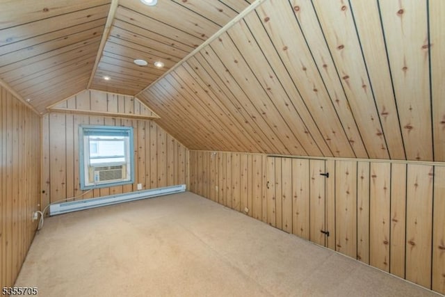 bonus room with a baseboard radiator, carpet floors, lofted ceiling, wooden ceiling, and wood walls