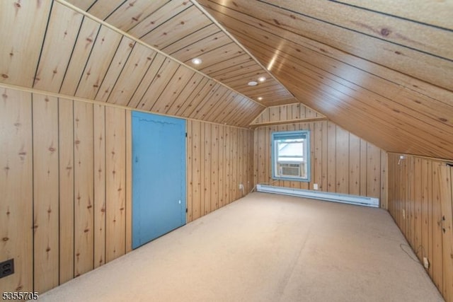 bonus room with a baseboard radiator, wooden walls, wood ceiling, vaulted ceiling, and carpet flooring