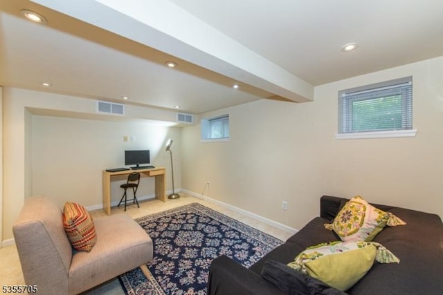 living area featuring an office area, recessed lighting, and baseboards