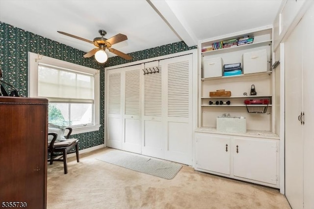 197 Nutley Ave, Nutley Twp, NJ 07110 - living area featuring ceiling fan, wallpapered walls, and light carpet