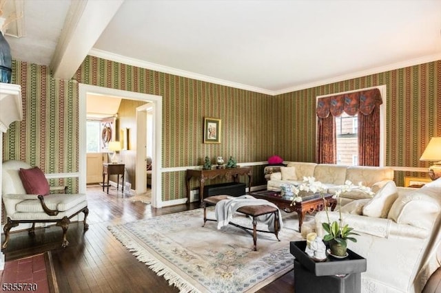 197 Nutley Ave, Nutley Twp, NJ 07110 - living area featuring wallpapered walls, crown molding, and hardwood / wood-style floors