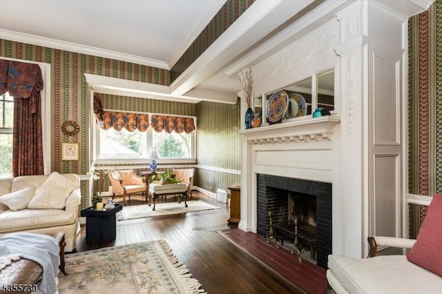 197 Nutley Ave, Nutley Twp, NJ 07110 - living room with crown molding, dark wood-style floors, a fireplace with flush hearth, and wallpapered walls