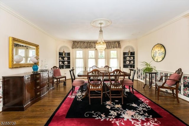 197 Nutley Ave, Nutley Twp, NJ 07110 - dining room featuring crown molding, wood finished floors, a chandelier, and built in shelves