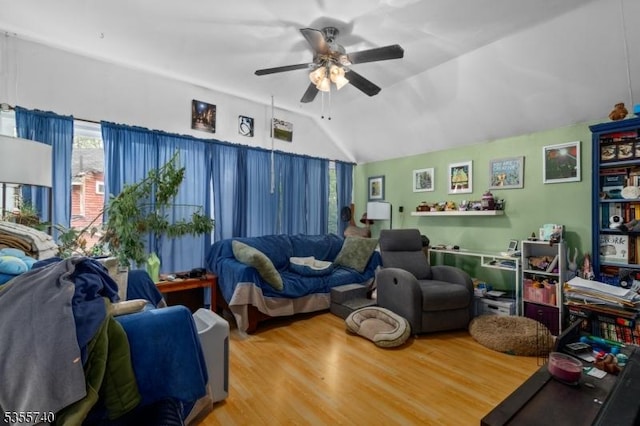 194 James St, Morris Twp, NJ 07960 - living room with ceiling fan, wood finished floors, and lofted ceiling