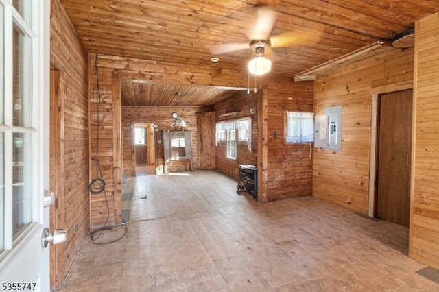 55 E Shore Culver Rd, Frankford Twp, NJ 07826 - interior space featuring wood walls, ceiling fan, wooden ceiling, and electric panel