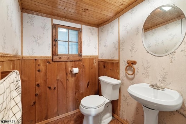 55 E Shore Culver Rd, Frankford Twp, NJ 07826 - half bath featuring toilet, wood ceiling, and wooden walls