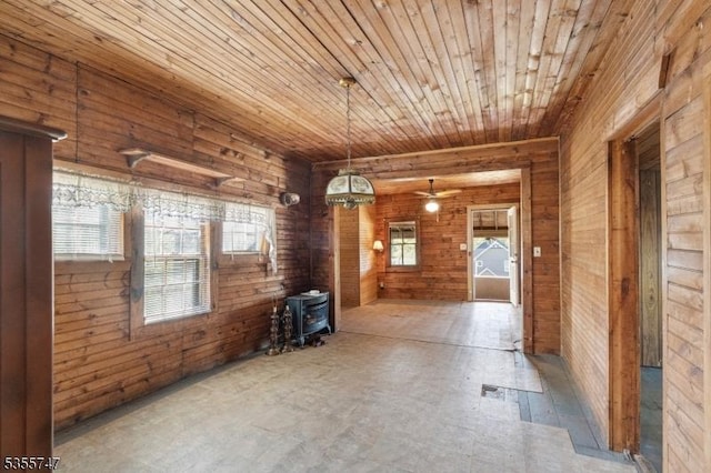 55 E Shore Culver Rd, Frankford Twp, NJ 07826 - unfurnished dining area featuring wooden ceiling, a wood stove, wooden walls, and a ceiling fan