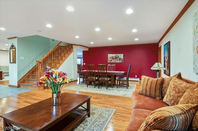 33 Lockwood Pl, Clifton City, NJ 07012 - living area featuring stairs, wood finished floors, crown molding, recessed lighting, and baseboards