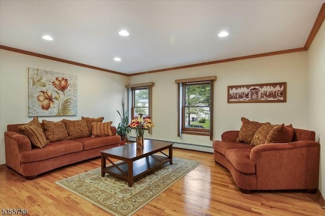 33 Lockwood Pl, Clifton City, NJ 07012 - living room featuring baseboard heating, ornamental molding, recessed lighting, light wood-type flooring, and baseboards