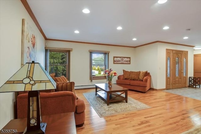 33 Lockwood Pl, Clifton City, NJ 07012 - living room featuring baseboard heating, ornamental molding, recessed lighting, wood finished floors, and baseboards