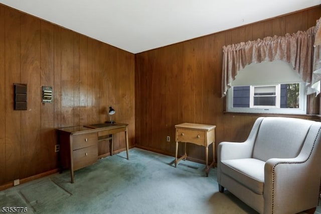 living area with wooden walls and carpet floors