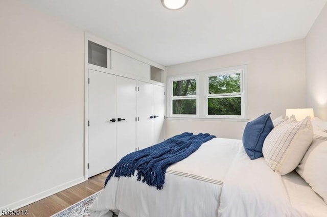 bedroom with light wood finished floors, baseboards, and a closet