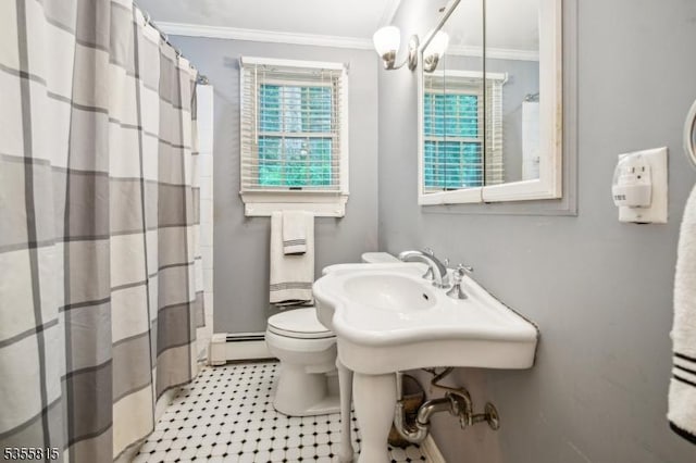 1078 Mountain Ave, Berkeley Heights Twp, NJ 07922 - bathroom featuring crown molding, baseboard heating, toilet, curtained shower, and tile patterned floors