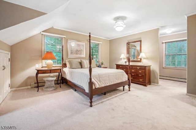 1078 Mountain Ave, Berkeley Heights Twp, NJ 07922 - bedroom featuring baseboard heating, light colored carpet, baseboards, vaulted ceiling, and ornamental molding