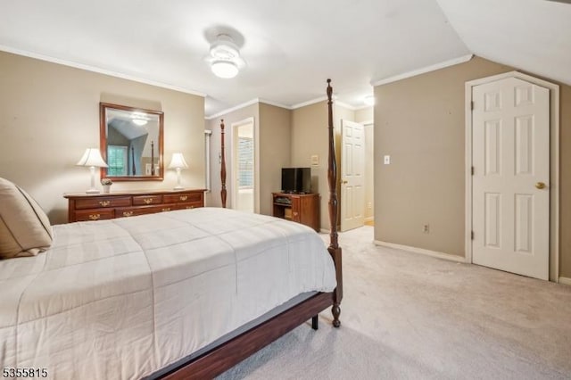 1078 Mountain Ave, Berkeley Heights Twp, NJ 07922 - bedroom featuring light colored carpet, ornamental molding, baseboards, vaulted ceiling, and connected bathroom