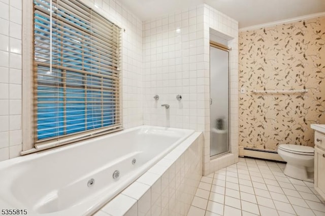 1078 Mountain Ave, Berkeley Heights Twp, NJ 07922 - bathroom with a baseboard heating unit, tile patterned floors, a jetted tub, vanity, and a stall shower