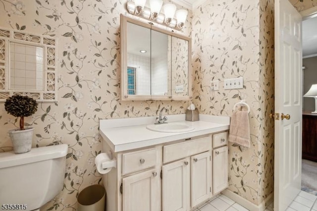 1078 Mountain Ave, Berkeley Heights Twp, NJ 07922 - bathroom featuring wallpapered walls, vanity, toilet, and tile patterned flooring