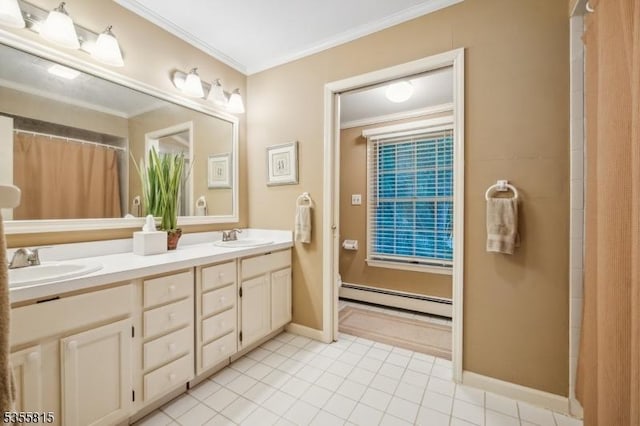 1078 Mountain Ave, Berkeley Heights Twp, NJ 07922 - full bath with a baseboard heating unit, crown molding, double vanity, tile patterned flooring, and curtained shower