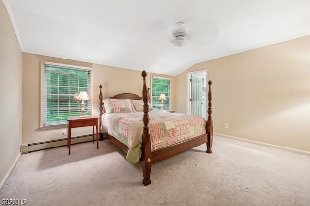 1078 Mountain Ave, Berkeley Heights Twp, NJ 07922 - carpeted bedroom featuring baseboard heating, baseboards, vaulted ceiling, and crown molding