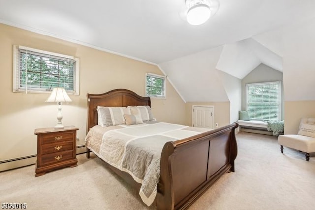 1078 Mountain Ave, Berkeley Heights Twp, NJ 07922 - bedroom featuring light carpet, multiple windows, lofted ceiling, and a baseboard heating unit
