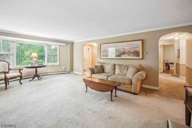 1078 Mountain Ave, Berkeley Heights Twp, NJ 07922 - living room with arched walkways, light colored carpet, crown molding, and baseboards