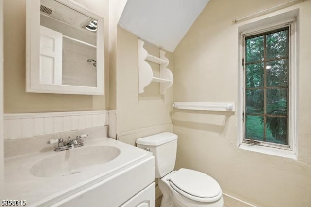 1078 Mountain Ave, Berkeley Heights Twp, NJ 07922 - bathroom featuring toilet, vaulted ceiling, and vanity