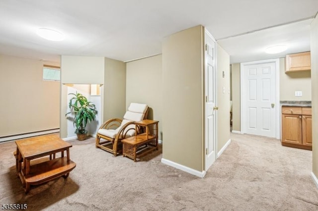 1078 Mountain Ave, Berkeley Heights Twp, NJ 07922 - living area with a baseboard radiator, light colored carpet, and baseboards