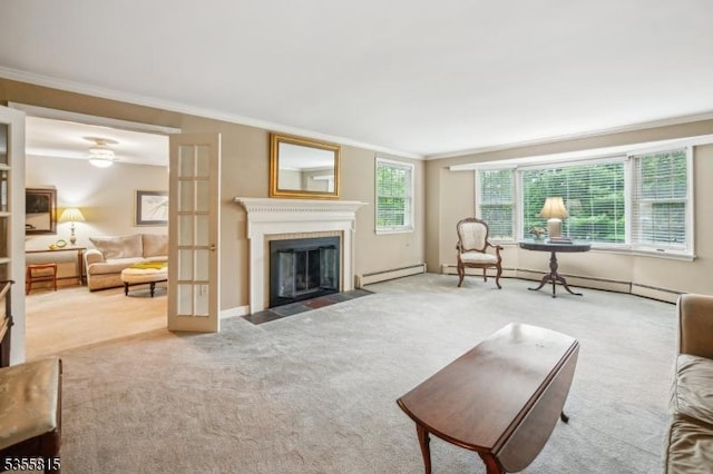 1078 Mountain Ave, Berkeley Heights Twp, NJ 07922 - living area with ornamental molding, a baseboard radiator, carpet floors, and a fireplace with flush hearth