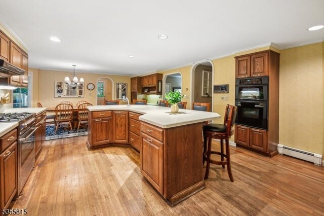 1078 Mountain Ave, Berkeley Heights Twp, NJ 07922 - kitchen featuring baseboard heating, high end stainless steel range, light wood-style flooring, light countertops, and recessed lighting