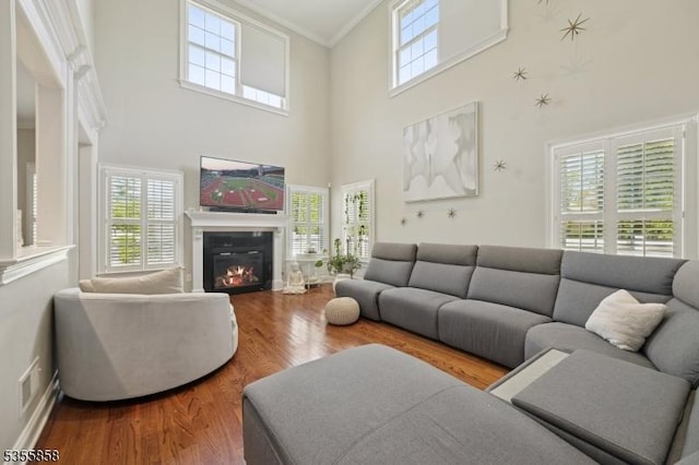 living room with crown molding, a high ceiling, a glass covered fireplace, and wood finished floors