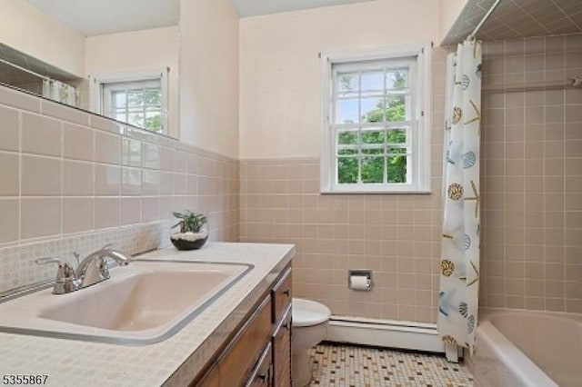 7 Fairhaven Dr, Parsippany-Troy Hills Twp, NJ 07950 - bathroom featuring a baseboard radiator, tile walls, toilet, tile patterned floors, and shower / bath combo with shower curtain