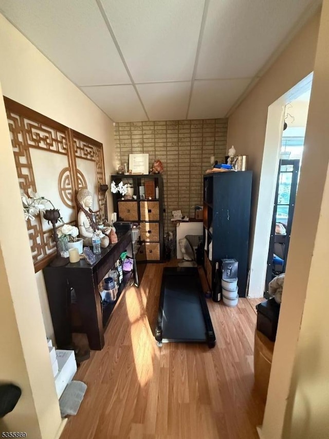 workout room featuring a paneled ceiling and wood finished floors