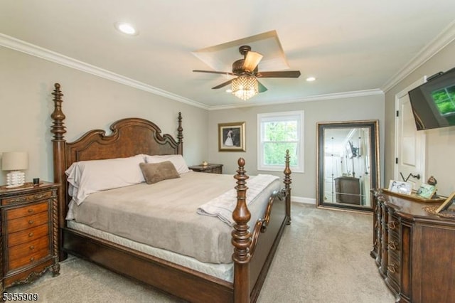 bedroom with light colored carpet, crown molding, recessed lighting, a ceiling fan, and baseboards