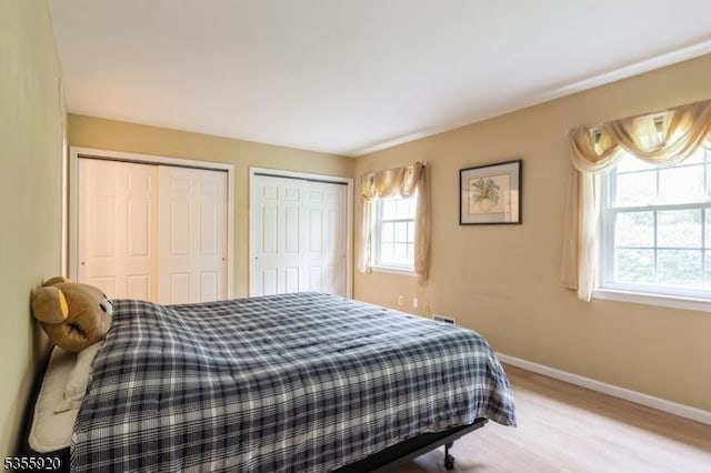 bedroom with two closets, multiple windows, baseboards, and wood finished floors
