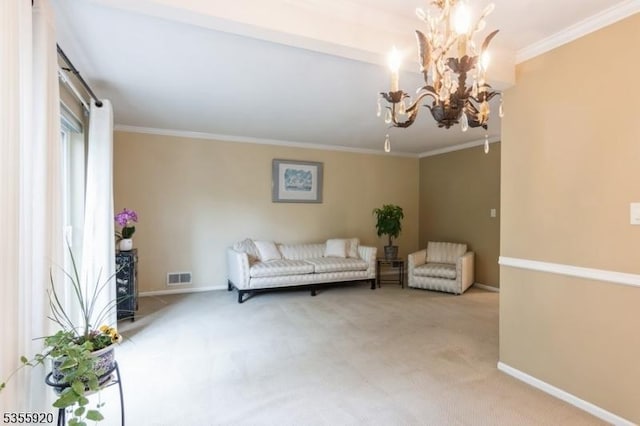 living area with carpet flooring, ornamental molding, a chandelier, and baseboards